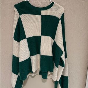 Green and Cream Checkered Women's Sweater